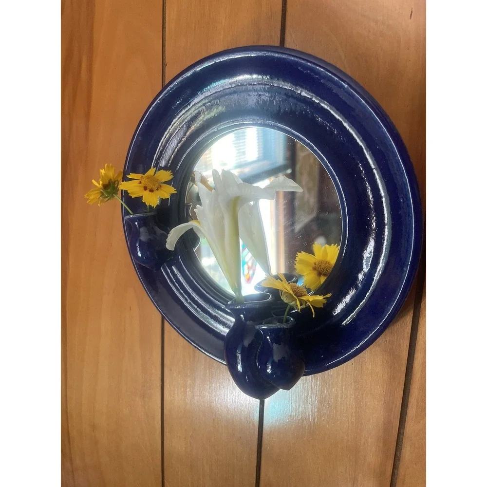 One Of A Kind - Artisan Made - Ceramic Framed Mirror With Trio Of Ceramic Vases‎